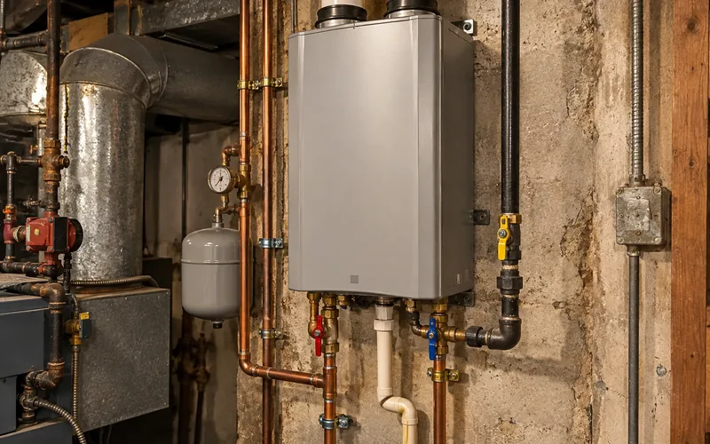 Tankless water heater on a utility room wall